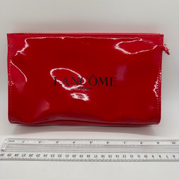 Lancome Paris Red Patent Leather Cosmetic Makeup Bag Pouch Clutch Zipper Closure - Picture 2 of 12